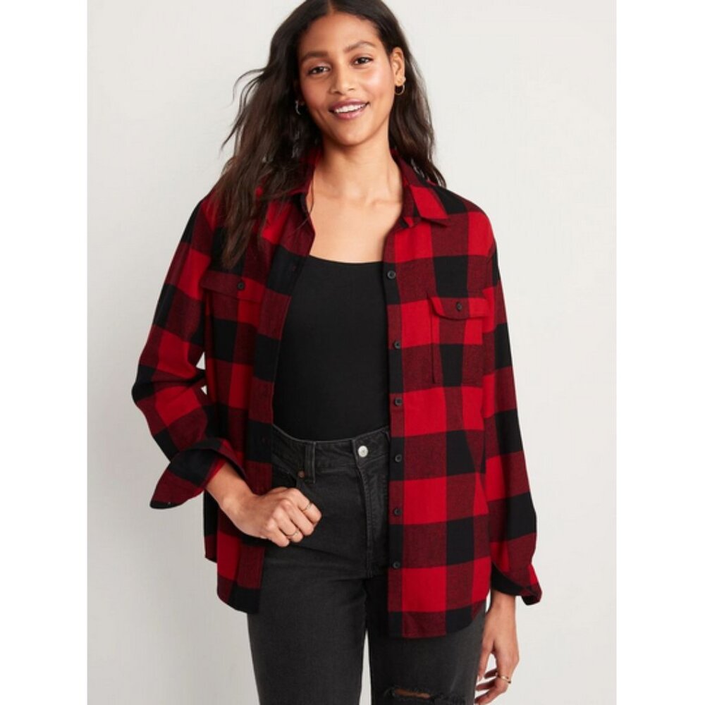 Old Navy Long-Sleeve Plaid Flannel Boyfriend Tunic Shirt